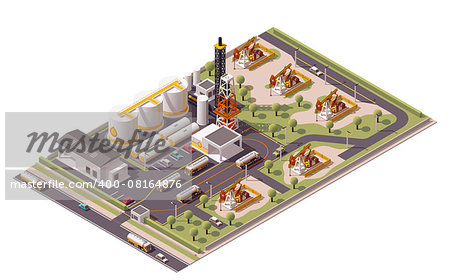 Isometric icon set representing oil field extracting crude oil