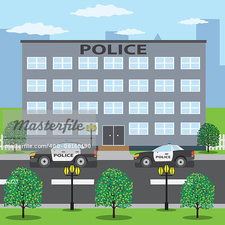 Police building and two police cars on the road. Also available as a Vector in Adobe illustrator EPS 8 format, compressed in a zip file.