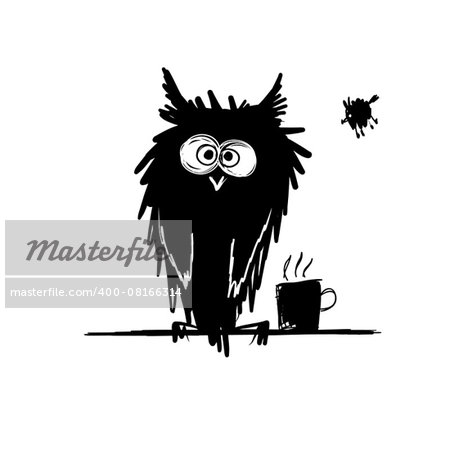 Funny owl black silhouette. Sketch for your design. Vector illustration