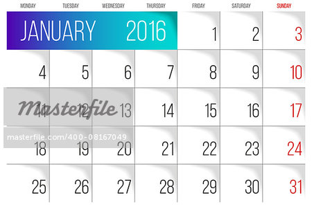 Calendar 2016 vector design template. January. Week Starts on Monday.