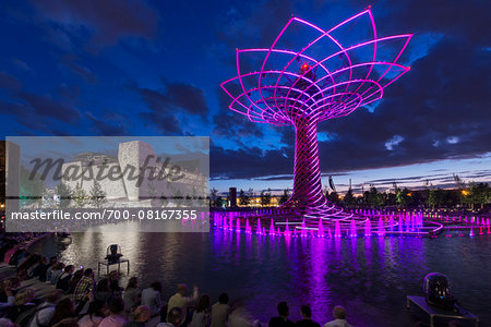 The tree of Life show with the Italian pavilion designed by Nemesi Studio in the background at Milan expo 2015, Italy