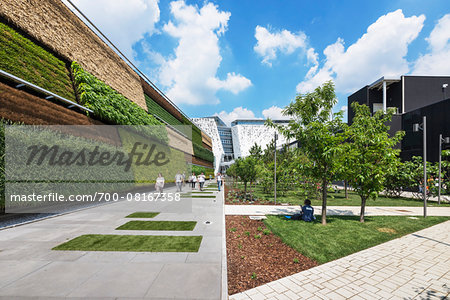 Vertical garden at the Israel Pavilion on the left and the Italy Pavilion on the background at Milan Expo 2015, Italy