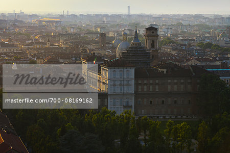 Overview of the city of Turin with Royal Palace at sunset, Piedmont, Italy