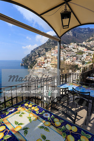 Positano, from a cliffside cafe, Costiera Amalfitana (Amalfi Coast), UNESCO World Heritage Site, Campania, Italy, Europe