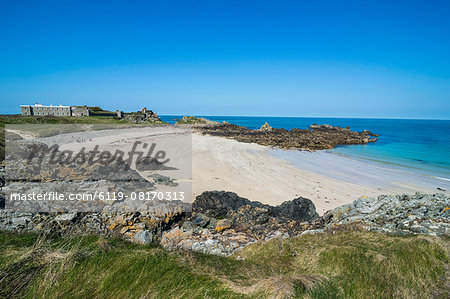 Corblets bay with Chateau A L'Etoc (Chateau Le Toc), Alderney, Channel Islands, United Kingdom, Europe