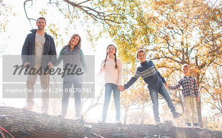 Portrait smiling family holding hands on fallen log in a row