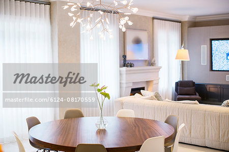 Anthurium bouquet on table below modern chandelier in dining room