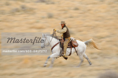 Blurred motion of cowboy on horse galloping in wilderness, Rocky Mountains, Wyoming, USA