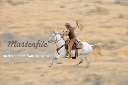 Blurred motion of cowboy on horse holding lasso galloping in wilderness, Rocky Mountains, Wyoming, USA