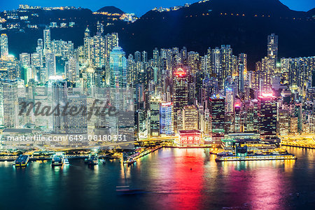 Hong Kong island and skyline, illuminated at night, Hong Kong, China