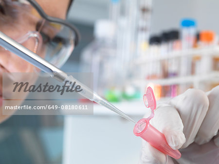 Close up of female scientist pippetting sample into eppendorf tube for analysis in laboratory