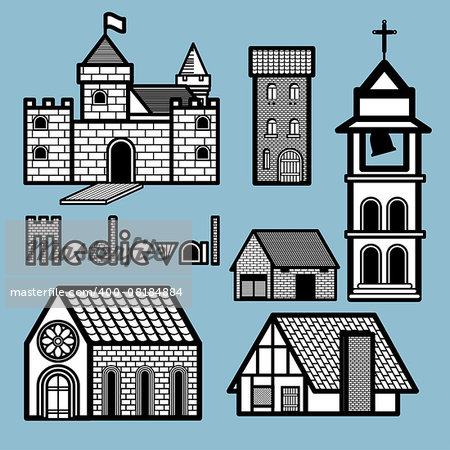 Many kinds of medieval architecture are depicted in this picture to show variety of building in medieval age. Different kinds of building have similar material in architecture structure using bricks, wood, ceramics, glasses and metal.