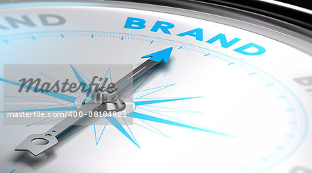 Choosing a brand name concept. 3D image with a compass with needle pointing the word brand. Blue and white tones.