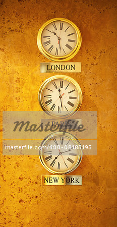 World clock at the reception wall. London, Paris and New York