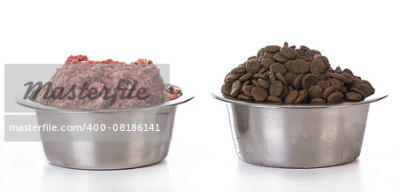 bowl of raw and kibble pet food isolated on white background