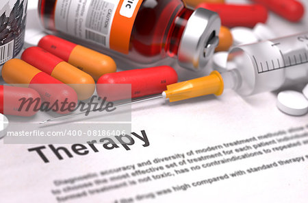 Therapy - Printed Diagnosis with Blurred Text. On Background of Medicaments Composition - Red Pills, Injections and Syringe.