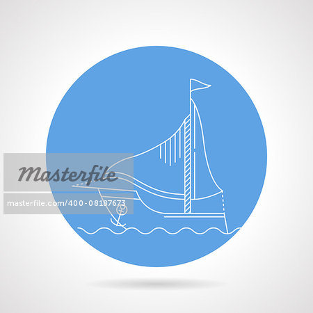 Blue round vector icon with white line sail boat floating on the wave on gray background.
