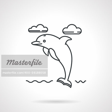 Flat black line vector icon for seascape with jumping dolphin on white background.