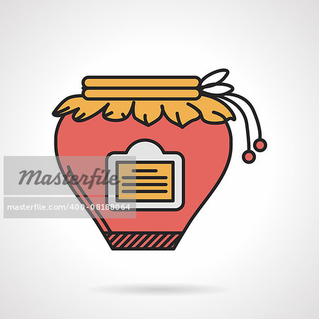Flat color design vector icon for glass jar with red berry jam and with yellow tissue lid on white background.
