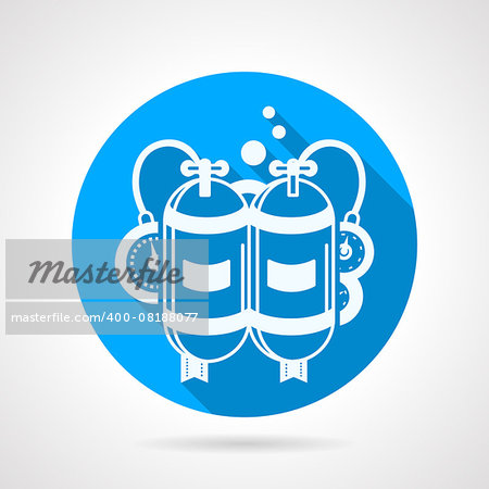 Flat blue round vector icon with white contour aqualung with two tanks and console on gray background. Long shadow design