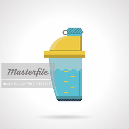 Flat color style vector icon for blue plastic protein shaker with yellow lid on white background.