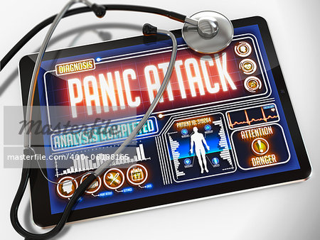 Panic Attack - Diagnosis on the Display of Medical Tablet and a Black Stethoscope on White Background.