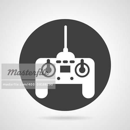 Flat black round vector icon with white silhouette game controller on gray background.