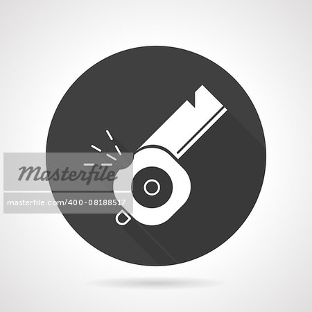 Black flat round vector icon with white silhouette whistle for sport or self-defence on gray background.