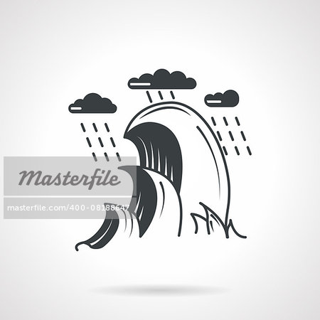 Flat black contour vector icon for ocean or sea storm with waves and rain on white background.