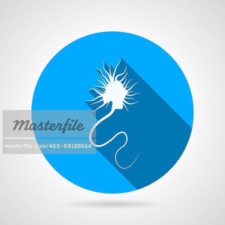 Flat blue round vector icon with white silhouette neuron cell on gray background. Long shadow design