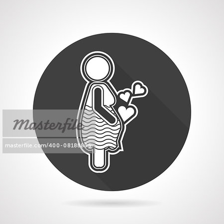 Black round flat vector icon with white contour pregnancy woman on gray background. Long shadow design