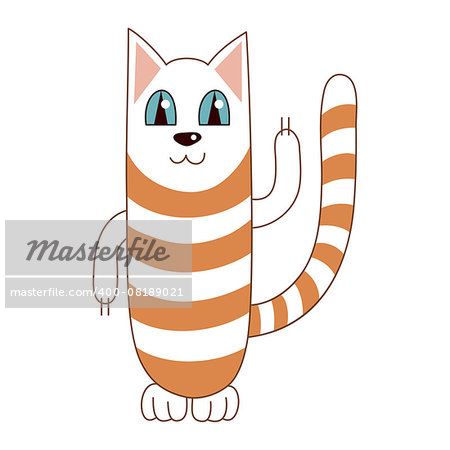 Cartoon kitty, vector illustration of funny cute striped cat of white with red strips colour, cat smiling and dancing