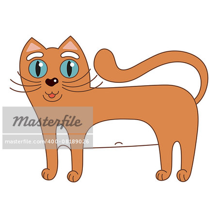 Cartoon kitty, vector illustration of funny cute red cat with white tummy, cat smiling and standing