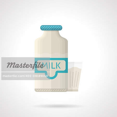 Single flat color style vector icon for white milk bottle with blue elements and glass for breakfast menu on white background.