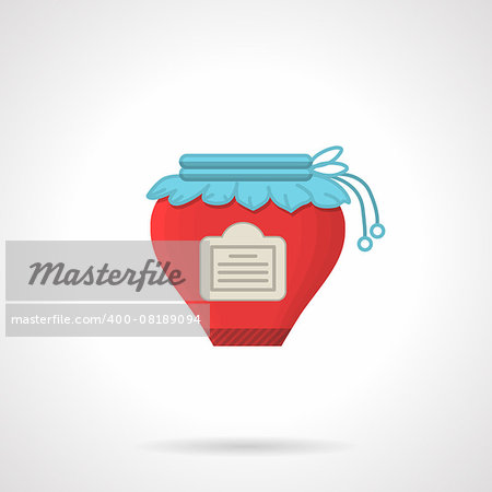 Single flat color design vector icon for jar with red jam, label and blue tissue lid with rope on white background.