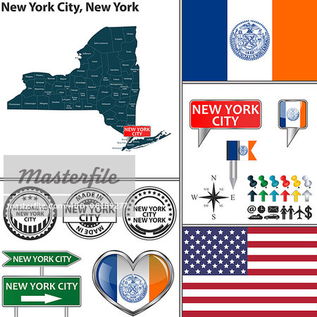 Vector set of New York City New York in USA with flag and icons on white background
