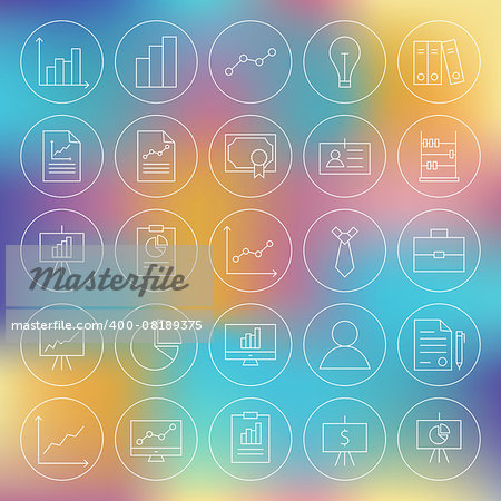 Line Circle Finance Business Office Icons Set. Vector Set of Thin Line Art Modern Icons for Web and Mobile. Business Money Success and Office Items. Graph and Infographics Objects. Blurred Colorful Background.
