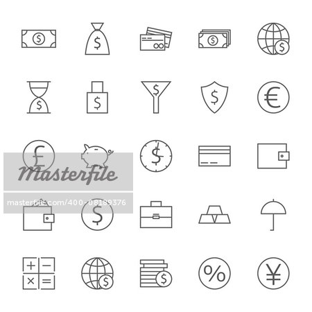 Money Finance Banking Big Icons Set. Vector Set of Line Art Modern Icons for Web and Mobile. Bank and Banking. Money and Finance Items. Business Marketing and Shopping Objects. Earnings and Investments.