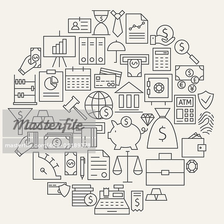 Money Finance Banking Line Icons Set Circular Shaped. Vector Illustration of Bank and Banking Objects. Money and Finance Items. Business and Office.