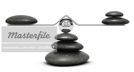 pebbles on a seesaw over white background, equilibrium concept or symbol