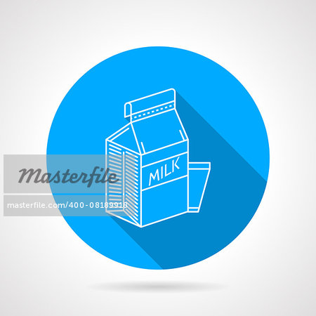 Round blue flat vector icon with white line cardboard pack with milk and a glass on gray background with long shadows.