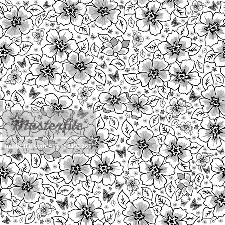 Illustration of seamless floral pattern with butterflies in black, grey and white colours