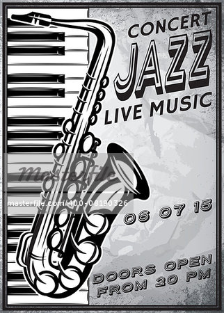 retro poster with saxophone and grand piano for jazz festival