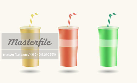 Set of colorful disposable cups for beverages with straw. Vector illustration.