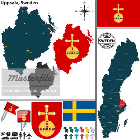 Vector map of county Uppsala with coat of arms and location on Sweden map