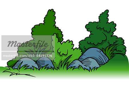 Shrubs with Rocks - Cartoon Background Element, Vector Illustration