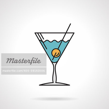 Single flat color design vector icon for triangle glass with blue cocktail and olive on white background.