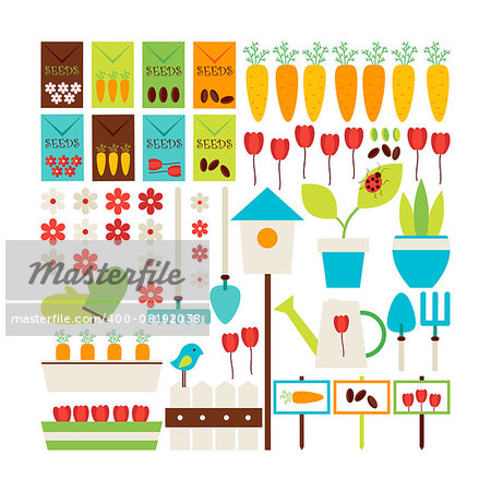 Flat Style Vector Collection of Nature Gardening and Environment Objects Isolated over White. Collection of Spring Season Plants and Flowers Colorful Objects. Set of Garden Equipment Items. Design Elements