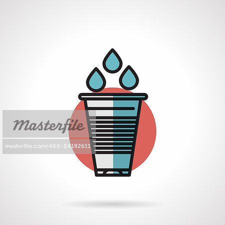 Flat line design colored vector icon for disposable plastic glass and three water drops on red round background.