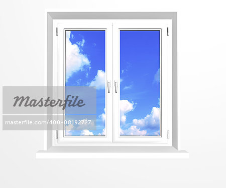 Closed window and clouds on blue sky. Isolated on white background